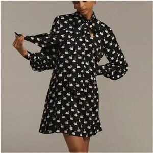 Maeve Caroline Dress Womens Small Black White Swan Print Long Sleeve Button